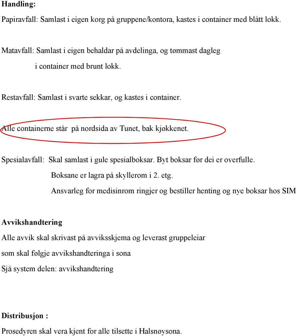 Alle containerne står på nordsida av Tunet, bak kjøkkenet. Spesialavfall: Skal samlast i gule spesialboksar. Byt boksar før dei er overfulle. Boksane er lagra på skyllerom i 2. etg.