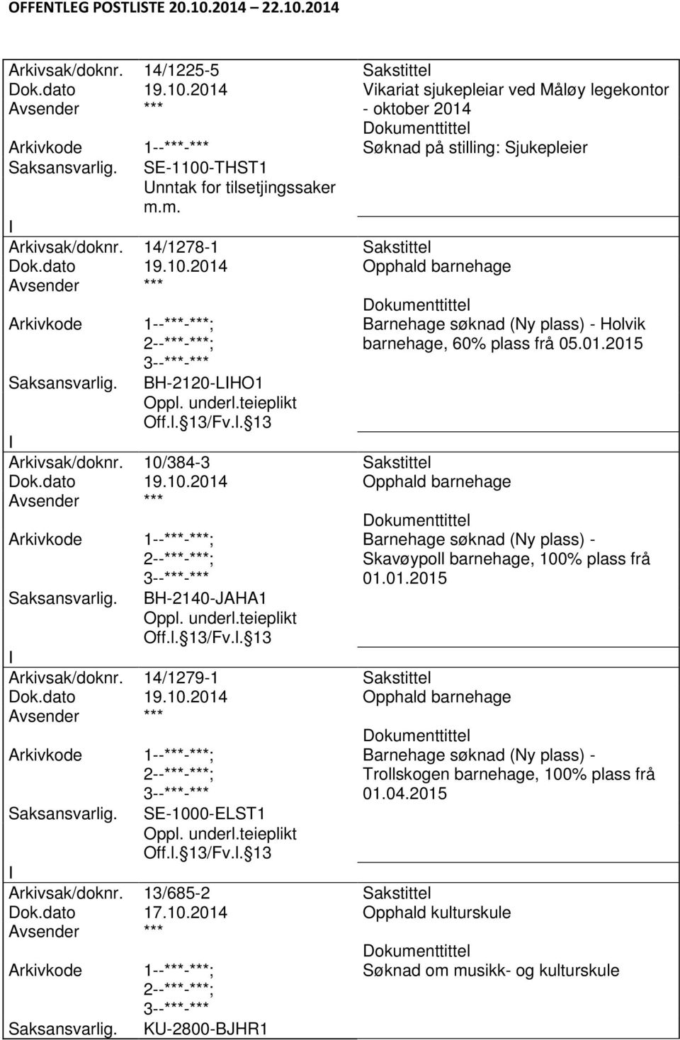 10/384-3 Sakstittel Dok.dato 19.10.2014 Opphald barnehage ; BH-2140-JAHA1 Barnehage søknad (Ny plass) - Skavøypoll barnehage, 100% plass frå 01.01.2015 Arkivsak/doknr. 14/1279-1 Sakstittel Dok.