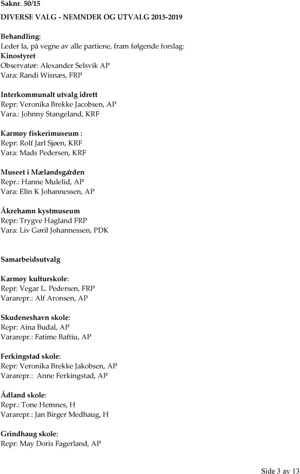 Interkommunalt utvalg idrett Repr: Veronika Brekke Jacobsen, AP Vara.: Johnny Stangeland, KRF Karmøy fiskerimuseum : Repr: Rolf Jarl Sjøen, KRF Vara: Mads Pedersen, KRF Museet i Mælandsga rden Repr.