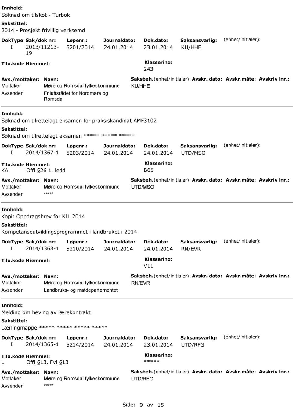 2014/1367-1 5203/2014 UTD/MSO KA Offl 26 1. ledd B65 Avs./mottaker: Navn: Saksbeh. Avskr. dato: Avskr.måte: Avskriv lnr.