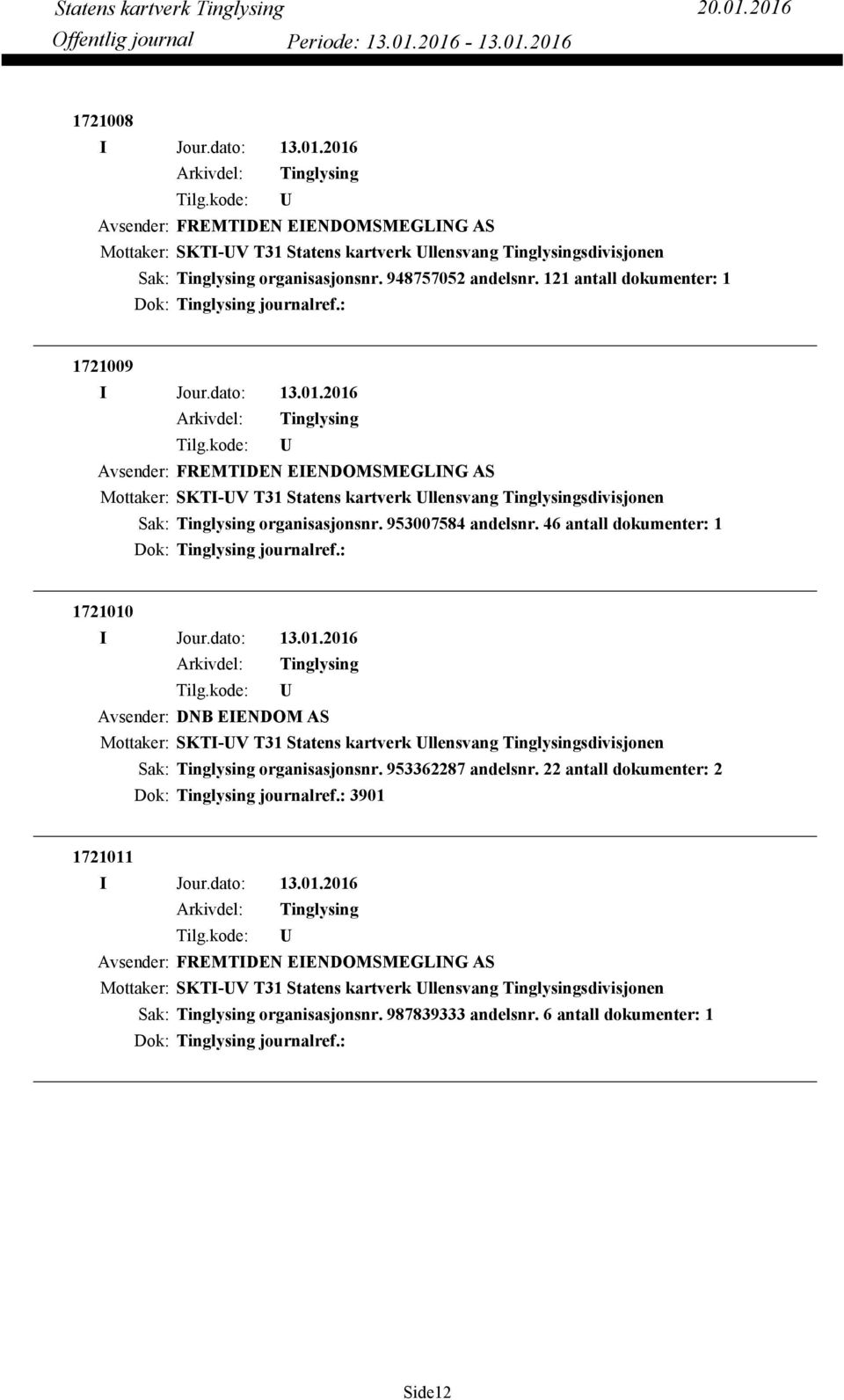 46 antall dokumenter: 1 Dok: journalref.: 1721010 Avsender: DNB EIENDOM AS organisasjonsnr. 953362287 andelsnr.