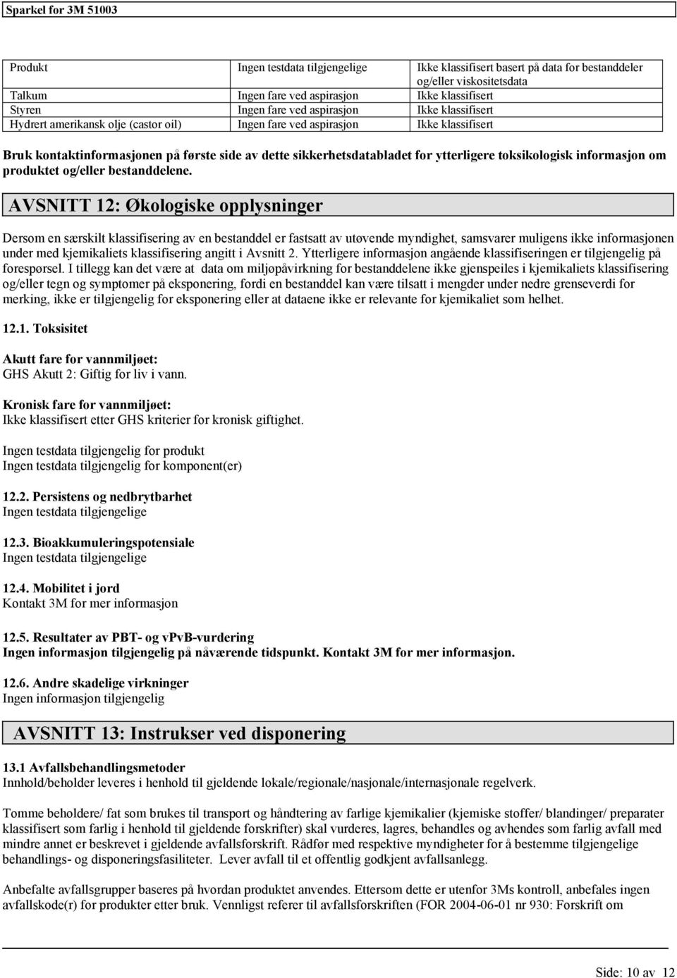 AVSNITT 12: Økologiske opplysninger Dersom en særskilt av en bestanddel er fastsatt av utøvende myndighet, samsvarer muligens ikke informasjonen under med kjemikaliets angitt i Avsnitt 2.