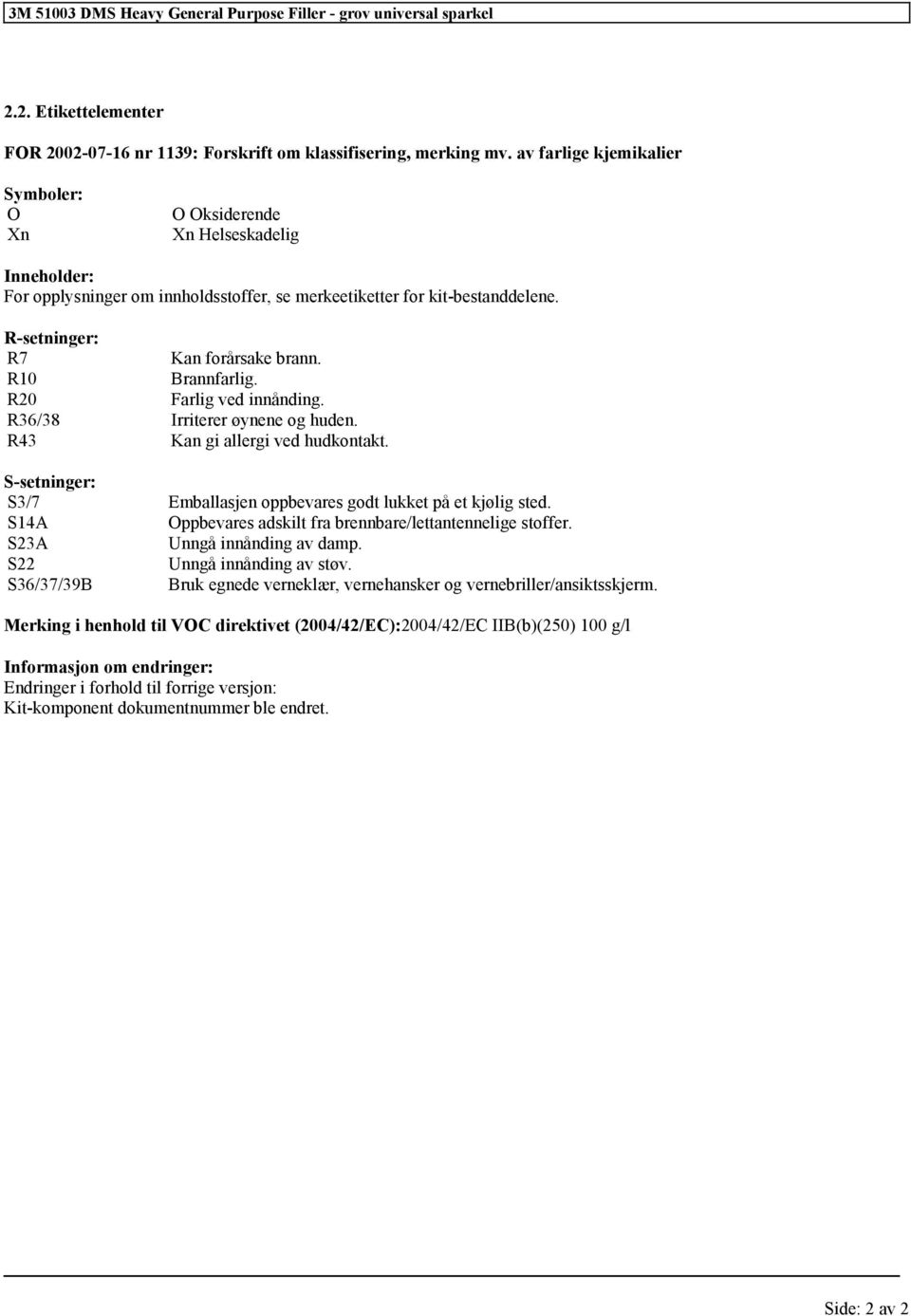 R10 Brannfarlig. R20 Farlig ved innånding. R36/38 Irriterer øynene og huden. R43 Kan gi allergi ved hudkontakt. S-setninger: S3/7 Emballasjen oppbevares godt lukket på et kjølig sted.