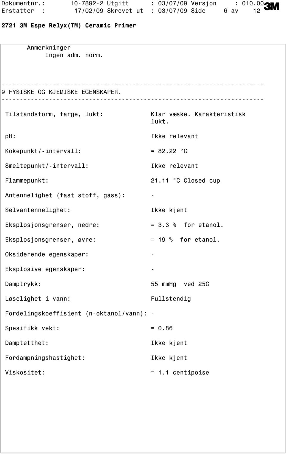 11 C Closed cup Antennelighet (fast stoff, gass): Selvantennelighet: Eksplosjonsgrenser, nedre: Eksplosjonsgrenser, øvre: Ikke kjent = 3.3 % for etanol. = 19 % for etanol.