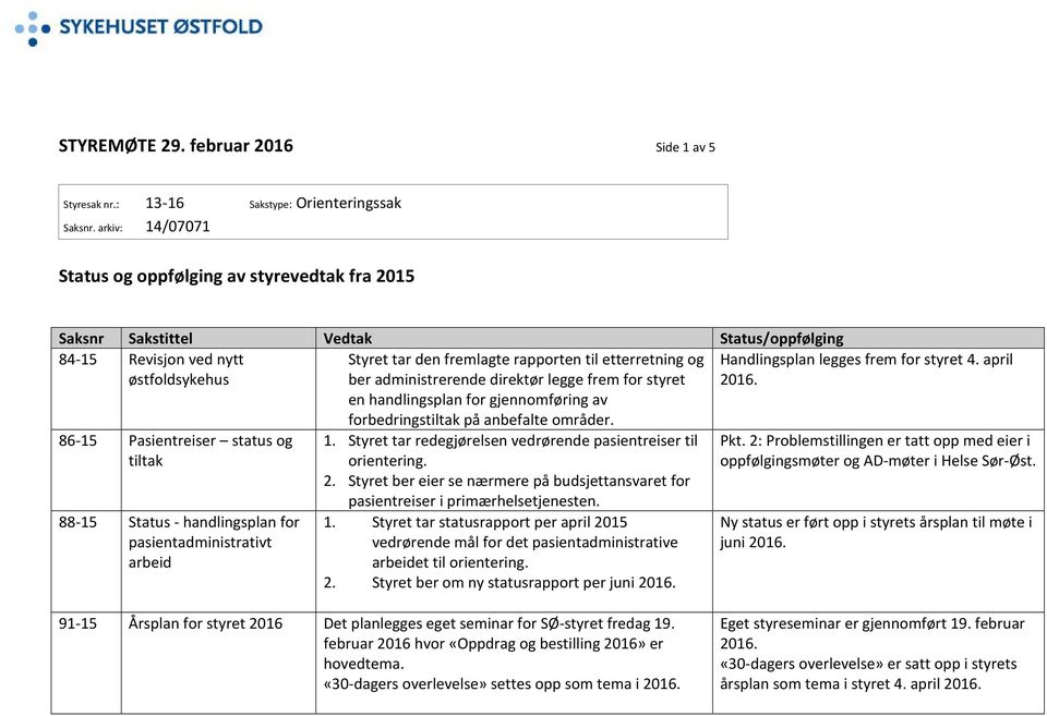 handlingsplan for pasientadministrativt arbeid Styret tar den fremlagte rapporten til etterretning og ber administrerende direktør legge frem for styret en handlingsplan for gjennomføring av