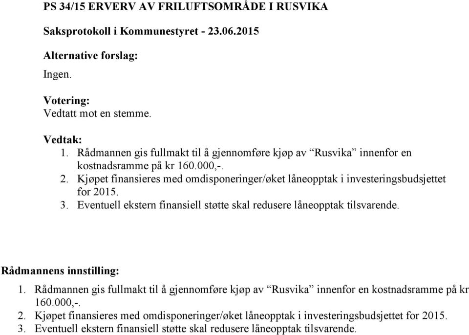 Kjøpet finansieres med omdisponeringer/øket låneopptak i investeringsbudsjettet for 2015. 3. Eventuell ekstern finansiell støtte skal redusere låneopptak tilsvarende.