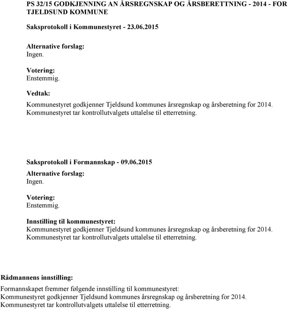 2015 Alternative forslag: Ingen. Votering: Enstemmig. Innstilling til kommunestyret: Kommunestyret godkjenner Tjeldsund kommunes årsregnskap og årsberetning for 2014.