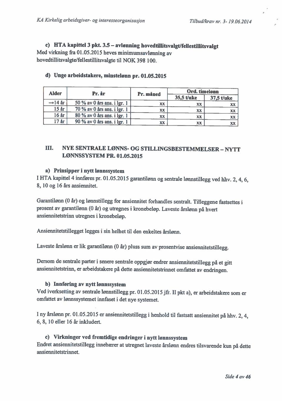 Side 4 av 46 KA Kirkelig arbeidsgiver- og inreresseorganisasjon Tilbud/krav nr. 3-1906.2014 hovedfillitsvalgtlfeflestillitsvalgt avlonning c) HTA kapiftel 3 pkt. 3.5 Med virkning fra 01.05.