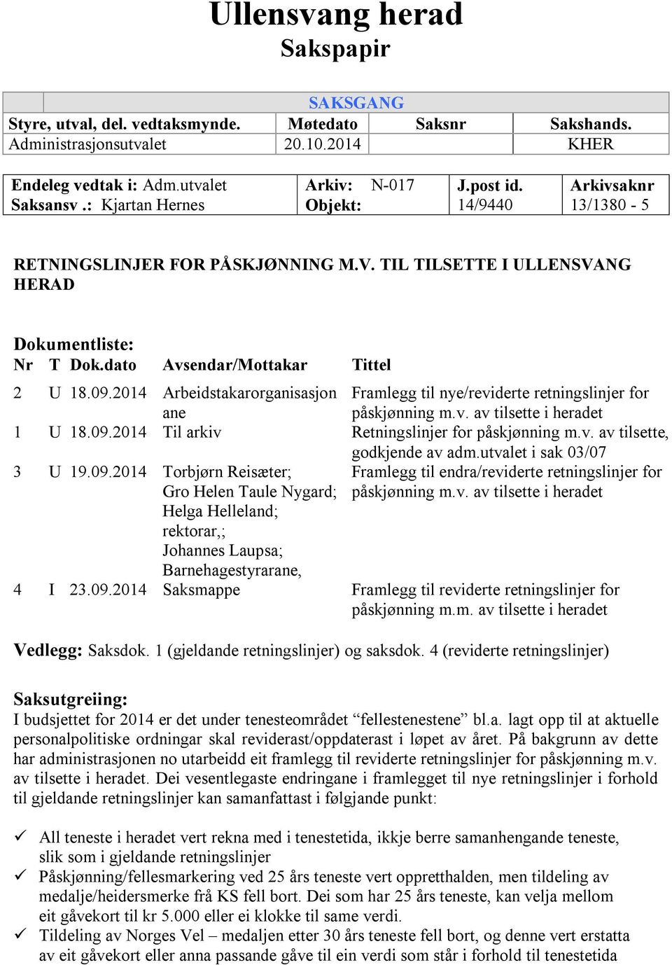 2014 Arbeidstakarorganisasjon Framlegg til nye/reviderte retningslinjer for ane påskjønning m.v. av tilsette i heradet 1 U 18.09.2014 Til arkiv Retningslinjer for påskjønning m.v. av tilsette, godkjende av adm.