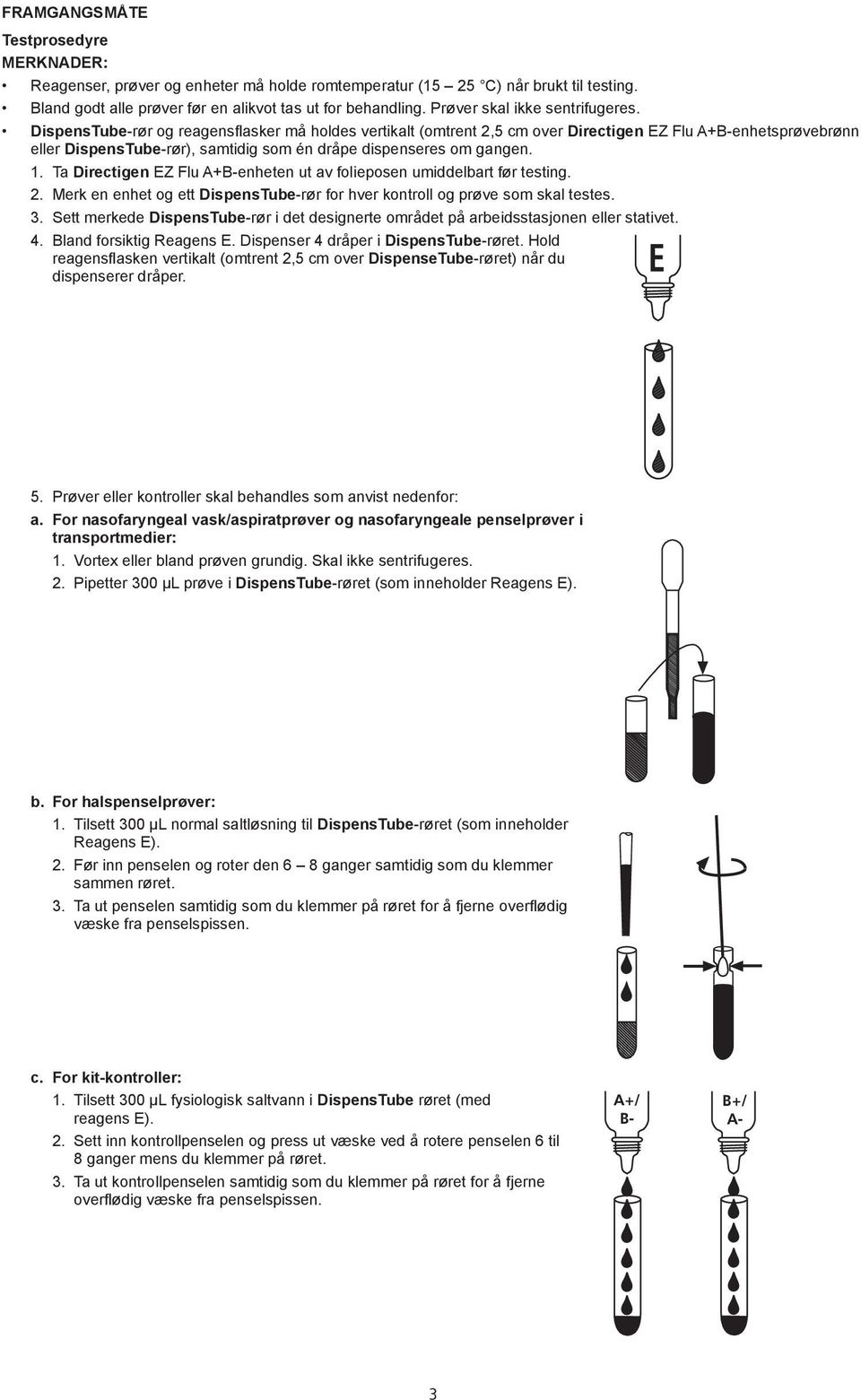 1. Ta Flu A+-enheten ut av folieposen umiddelbart før testing. 2. Merk en enhet og ett DispensTube-rør for hver kontroll og prøve som skal testes. 3.