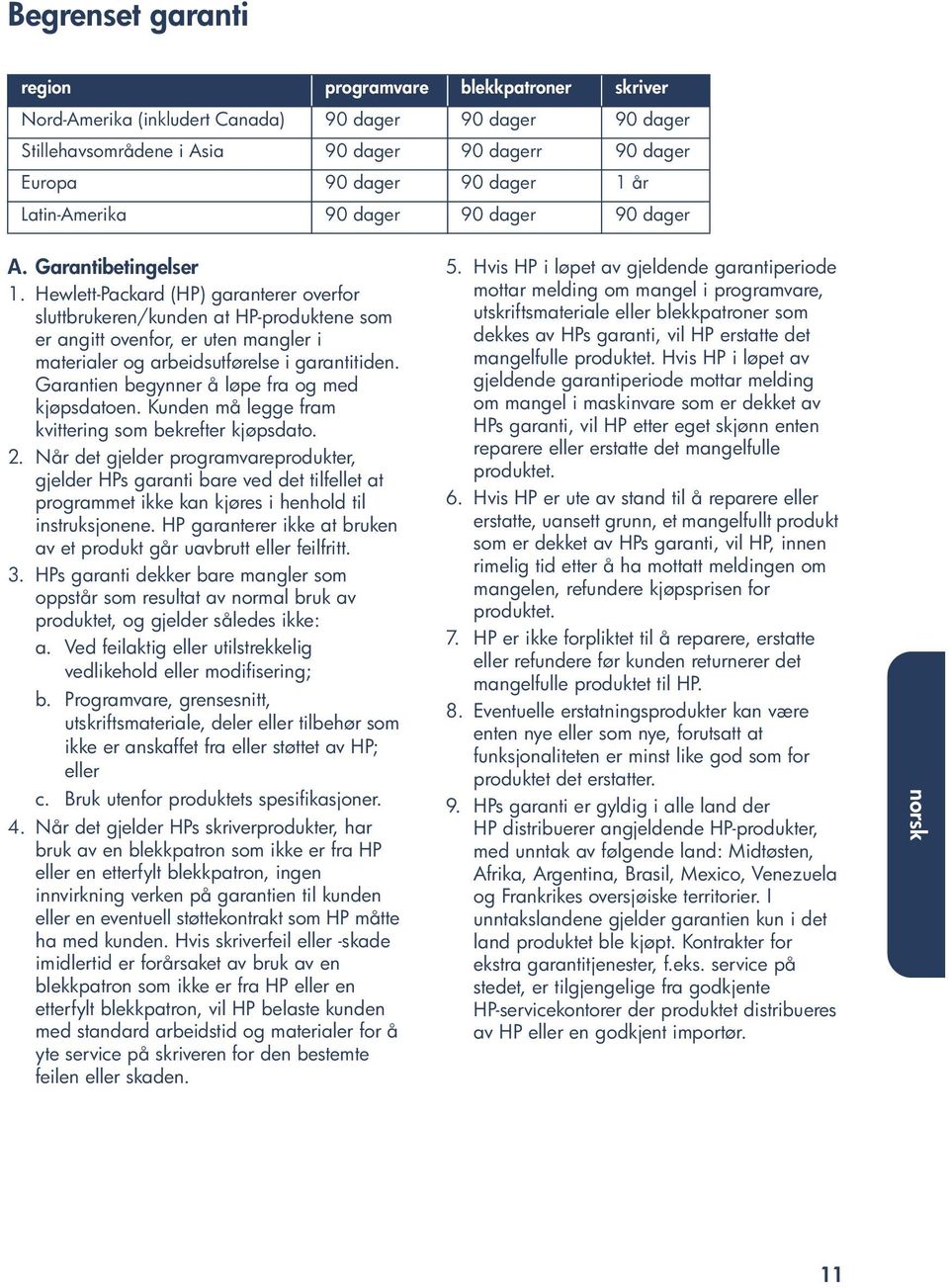 Hewlett-Packard (HP) garanterer overfor sluttbrukeren/kunden at HP-produktene som er angitt ovenfor, er uten mangler i materialer og arbeidsutførelse i garantitiden.