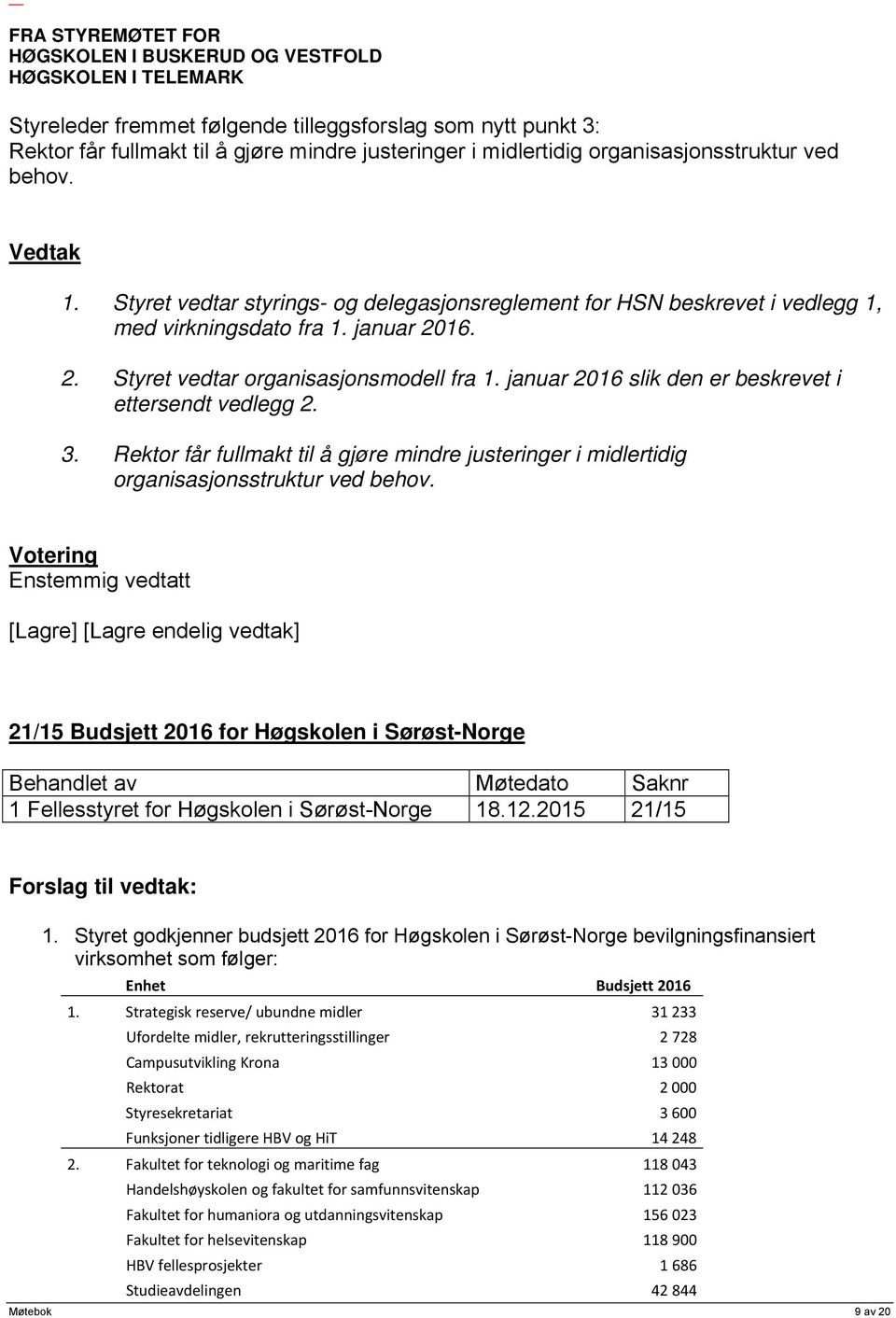 januar 2016 slik den er beskrevet i ettersendt vedlegg 2. 3. Rektor får fullmakt til å gjøre mindre justeringer i midlertidig organisasjonsstruktur ved behov.