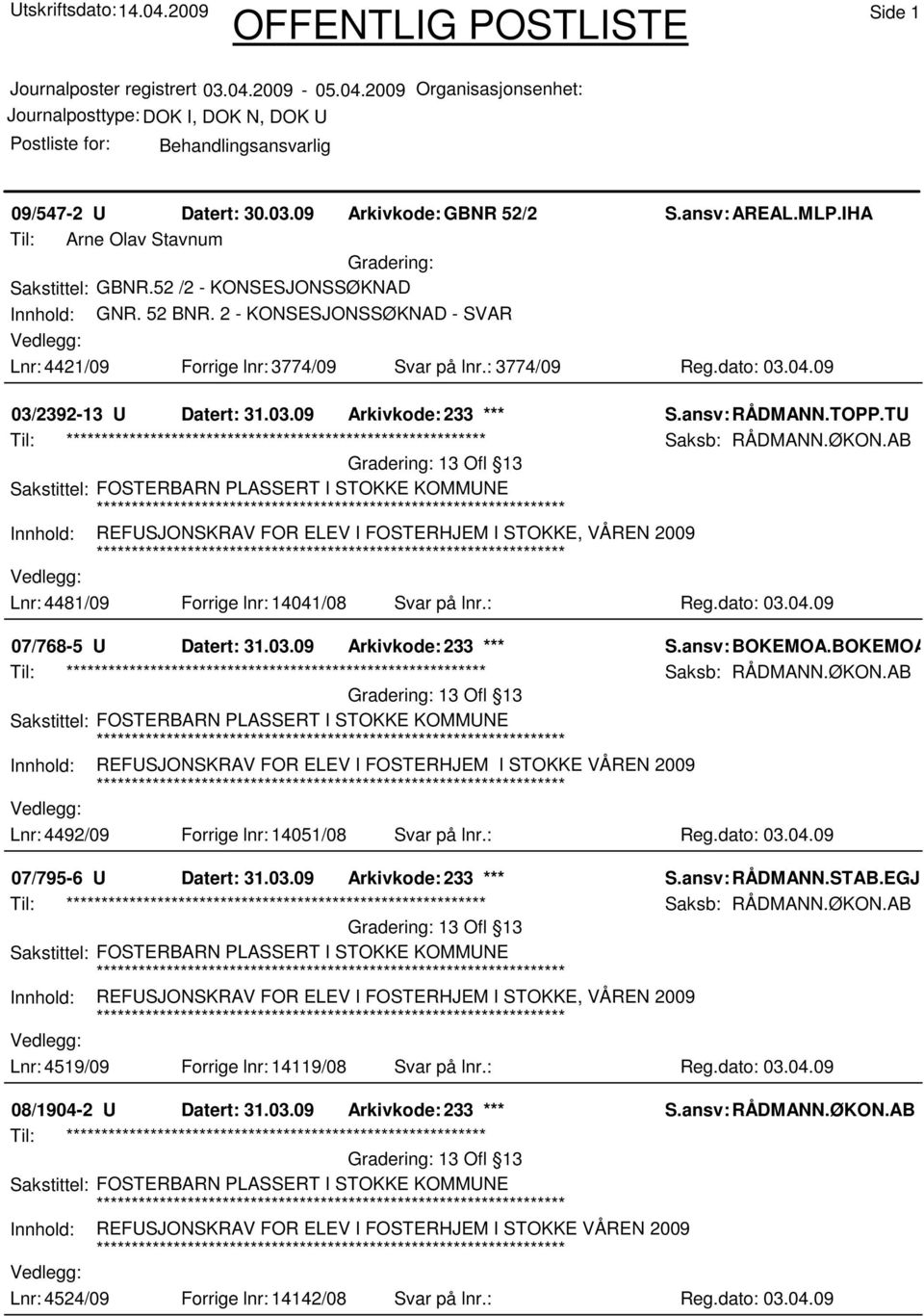 AB Sakstittel: FOSTERBARN PLASSERT I STOKKE KOMMUNE Innhold: REFUSJONSKRAV FOR ELEV I FOSTERHJEM I STOKKE, VÅREN 2009 Lnr: 4481/09 Forrige lnr: 14041/08 Svar på lnr.: Reg.dato: 03.04.09 07/768-5 U Datert: 31.