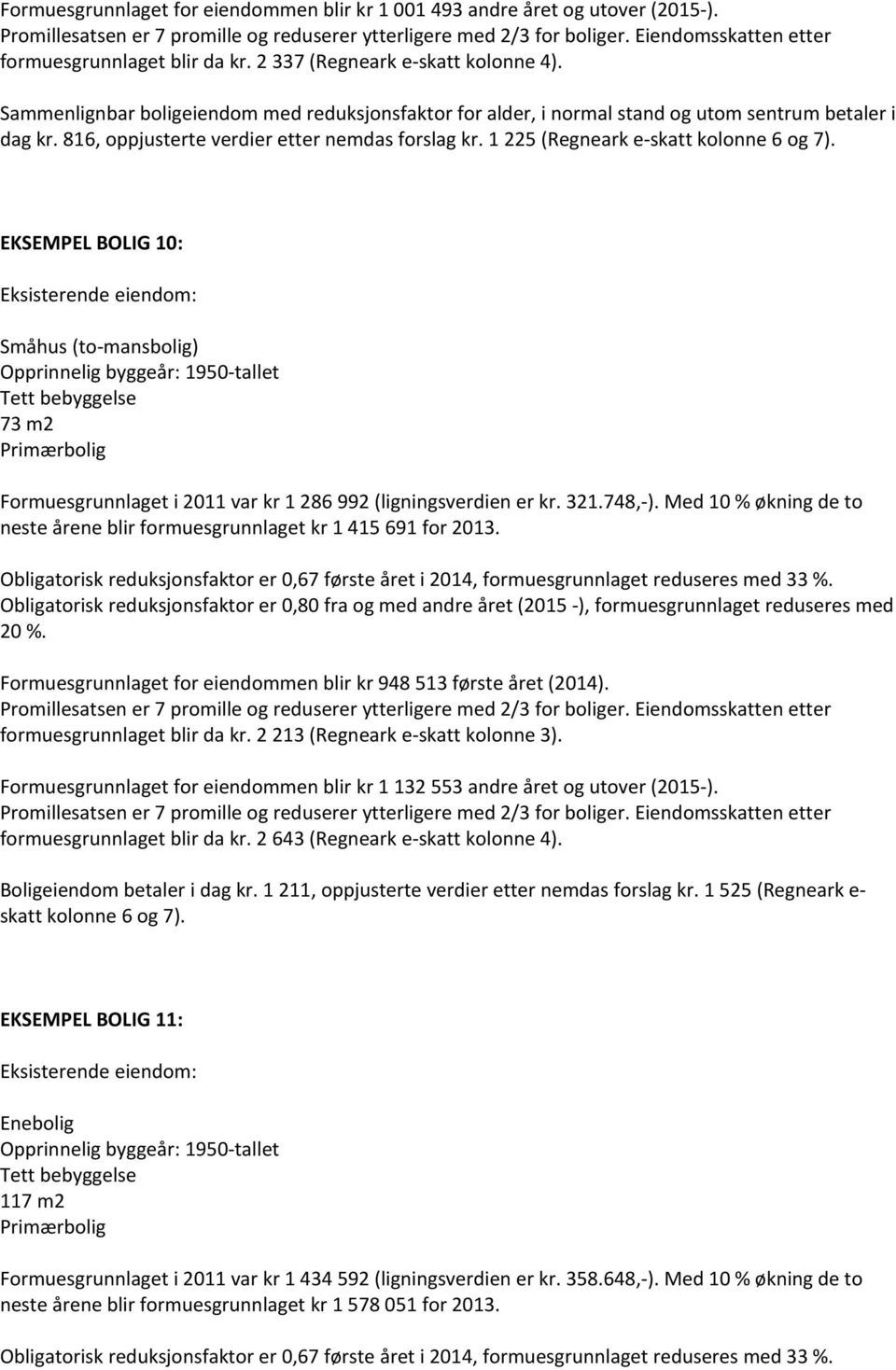 EKSEMPEL BOLIG 10: Eksisterende eiendom: Småhus (to-mansbolig) Opprinnelig byggeår: 1950-tallet Tett bebyggelse 73 m2 Formuesgrunnlaget i 2011 var kr 1 286 992 (ligningsverdien er kr. 321.748,-).