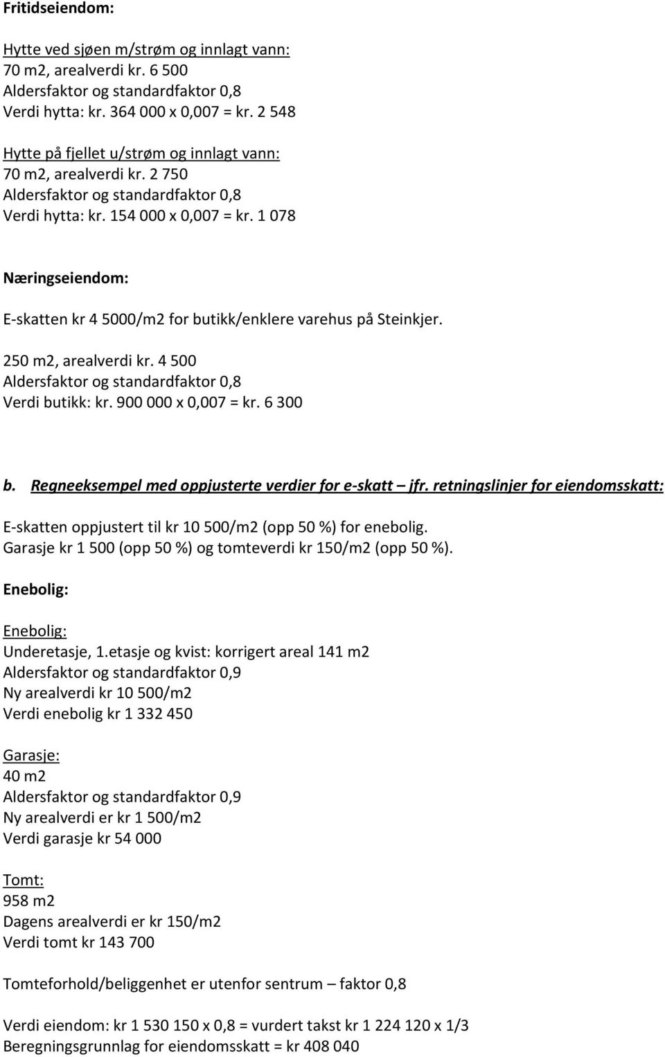 1 078 Næringseiendom: E-skatten kr 4 5000/m2 for butikk/enklere varehus på Steinkjer. 250 m2, arealverdi kr. 4 500 Aldersfaktor og standardfaktor 0,8 Verdi butikk: kr. 900 000 x 0,007 = kr. 6 300 b.