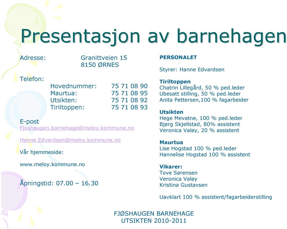 30 PERSONALET Styrer: Hanne Edvardsen Tiriltoppen Chatrin Lillegård, 50 % ped.leder Ubesatt stilling, 50 % ped.