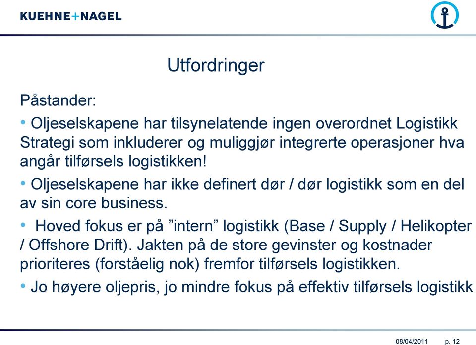 Hoved fokus er på intern logistikk (Base / Supply / Helikopter / Offshore Drift).