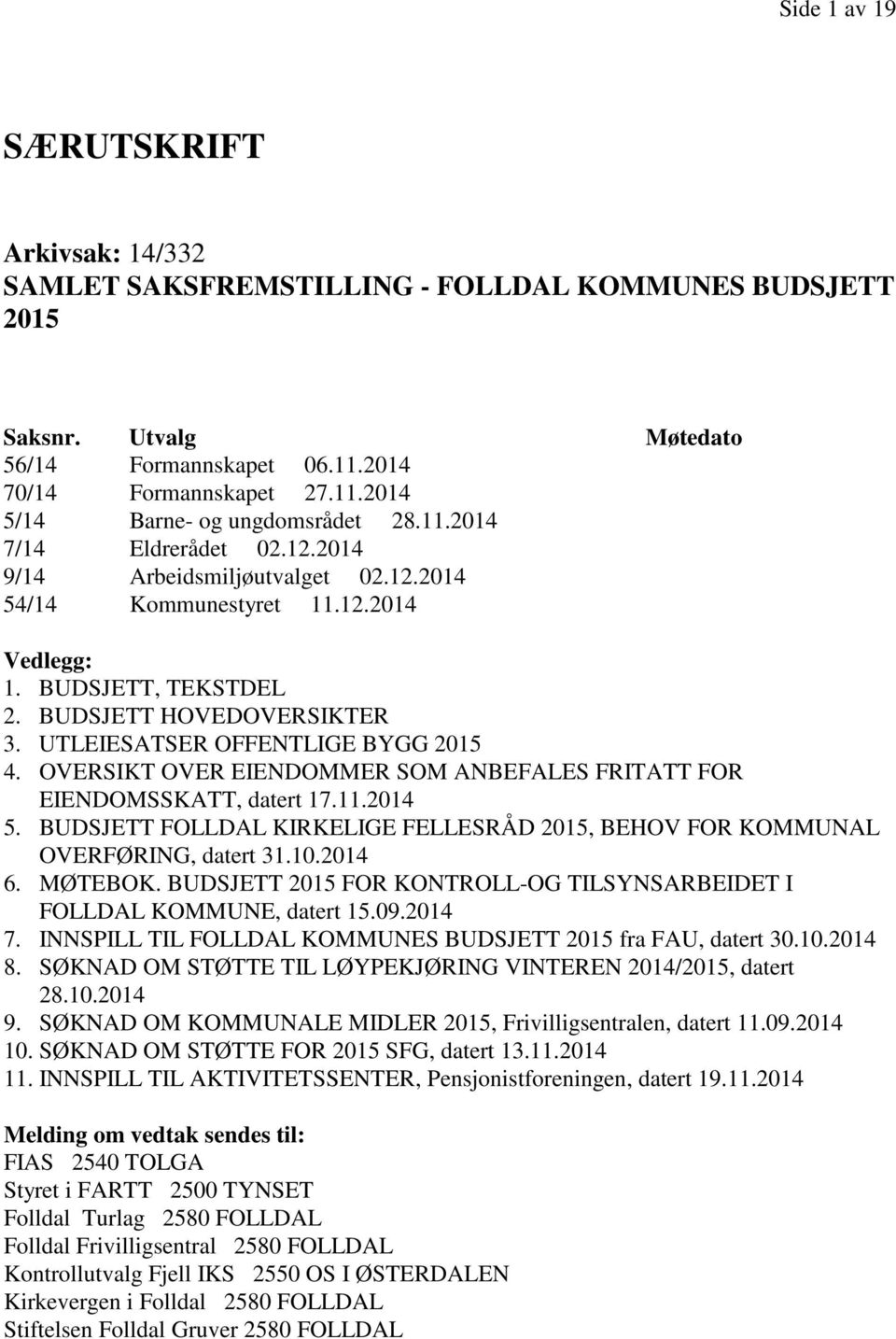 UTLEIESATSER OFFENTLIGE BYGG 2015 4. OVERSIKT OVER EIENDOMMER SOM ANBEFALES FRITATT FOR EIENDOMSSKATT, datert 17.11.2014 5.