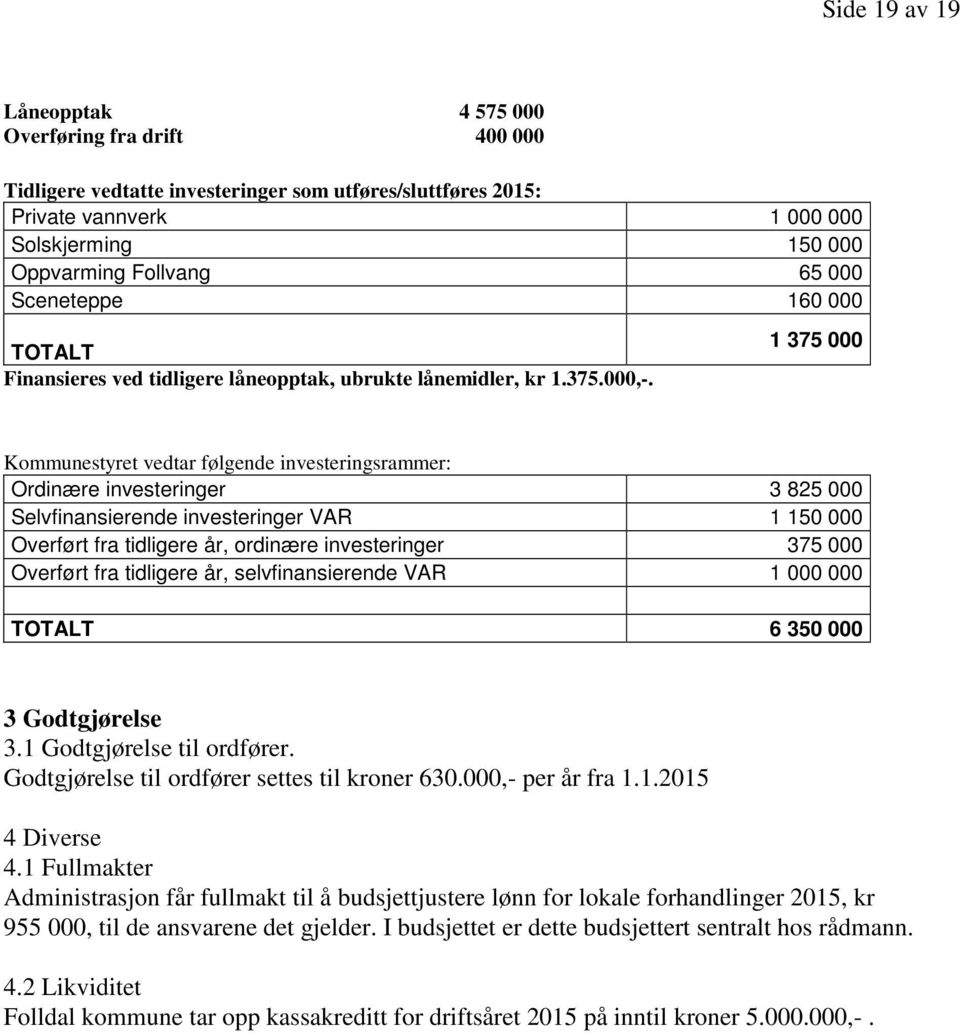 1 375 000 Kommunestyret vedtar følgende investeringsrammer: Ordinære investeringer 3 825 000 Selvfinansierende investeringer VAR 1 150 000 Overført fra tidligere år, ordinære investeringer 375 000