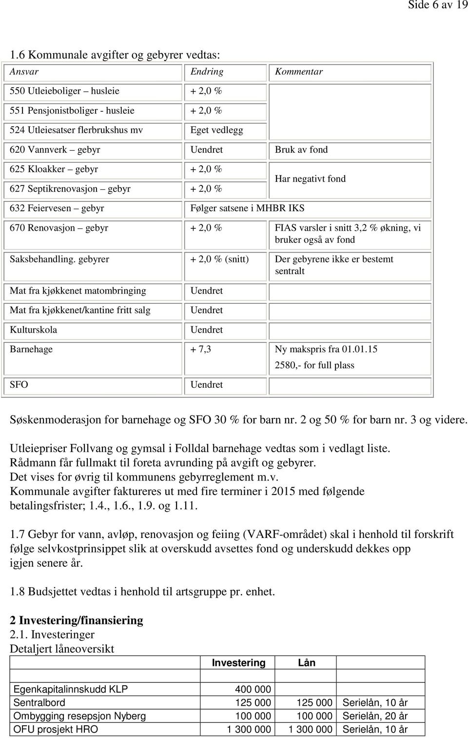 gebyr Bruk av fond 625 Kloakker gebyr + 2,0 % 627 Septikrenovasjon gebyr + 2,0 % Har negativt fond 632 Feiervesen gebyr Følger satsene i MHBR IKS 670 Renovasjon gebyr + 2,0 % FIAS varsler i snitt 3,2