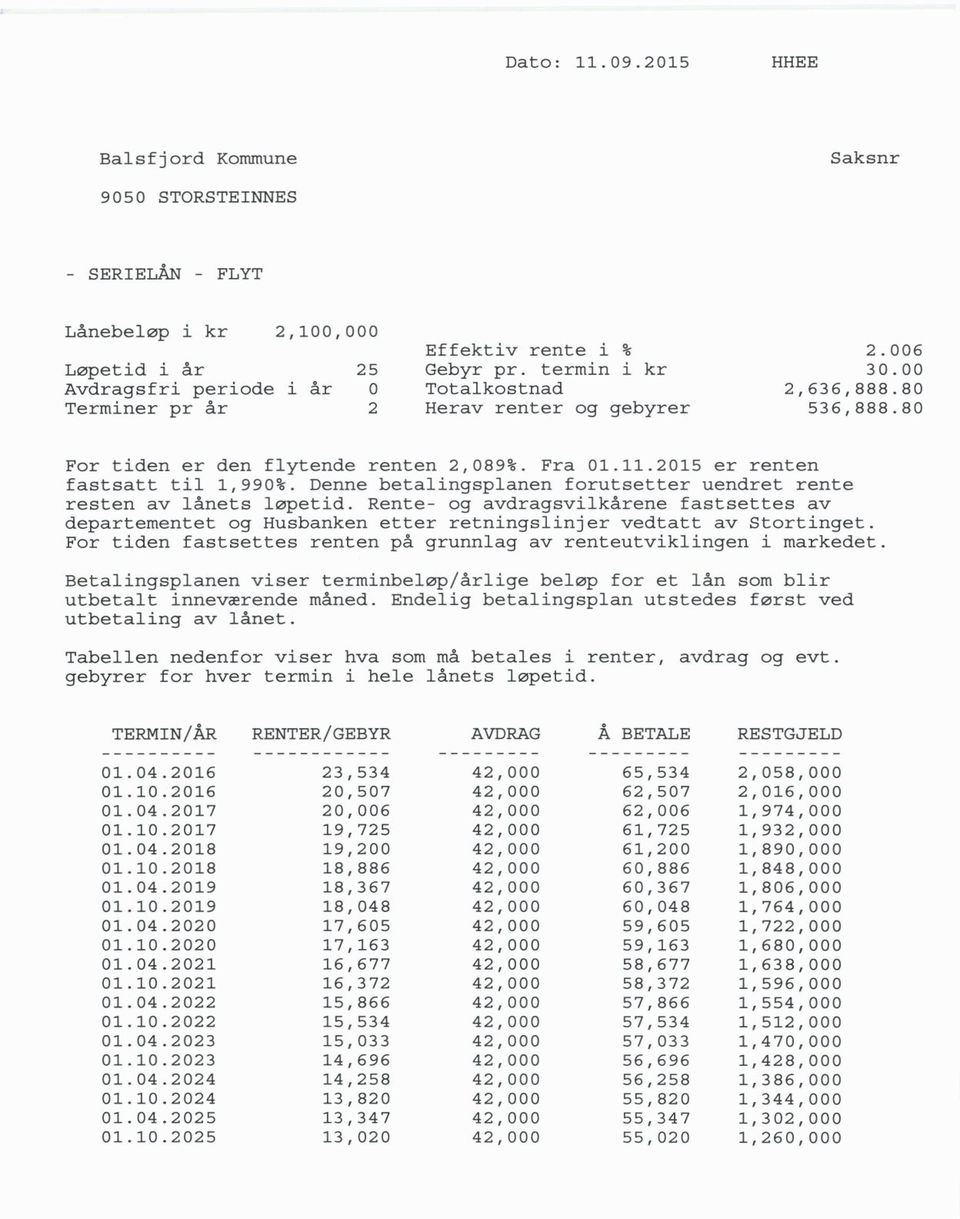 Denne betalingsplanen forutsetter uendret rente resten av lånets løpetid. Rente- og avdragsvilkårene fastsettes av departementet og Husbanken etter retningslinjer vedtatt av Stortinget.