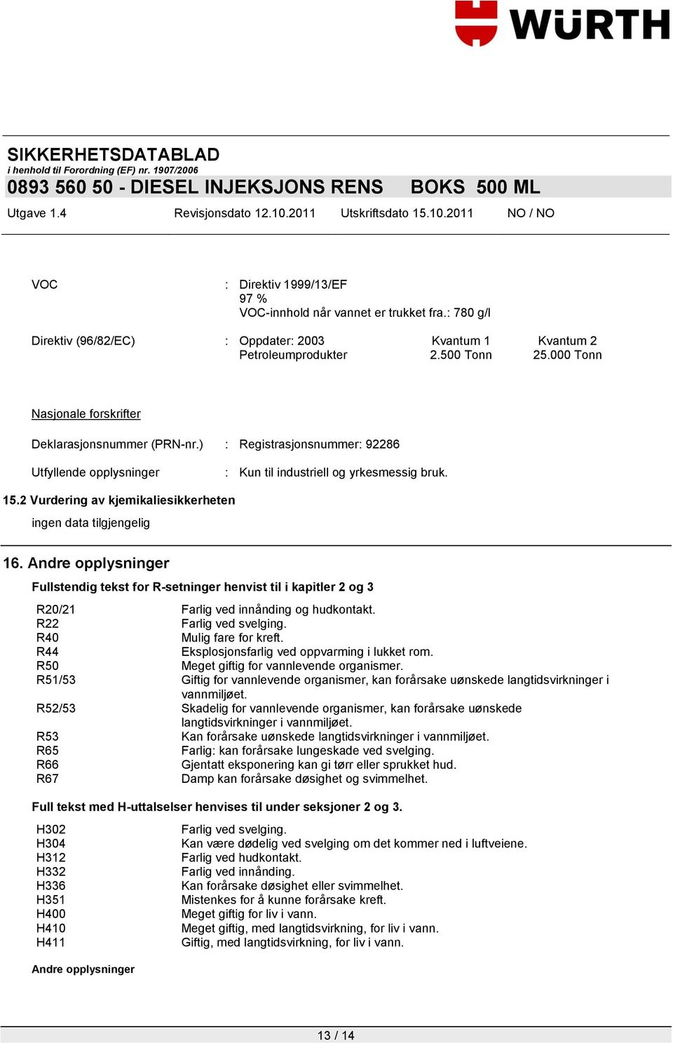 Andre opplysninger Fullstendig tekst for R-setninger henvist til i kapitler 2 og 3 R20/21 Farlig ved innånding og hudkontakt. R22 Farlig ved svelging. R40 Mulig fare for kreft.