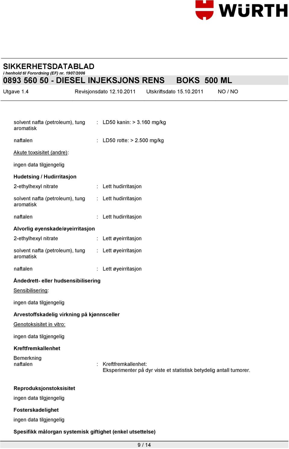 Alvorlig øyenskade/øyeirritasjon 2-ethylhexyl nitrate : Lett øyeirritasjon solvent nafta (petroleum), tung aromatisk naftalen : Lett øyeirritasjon : Lett øyeirritasjon Åndedrett- eller