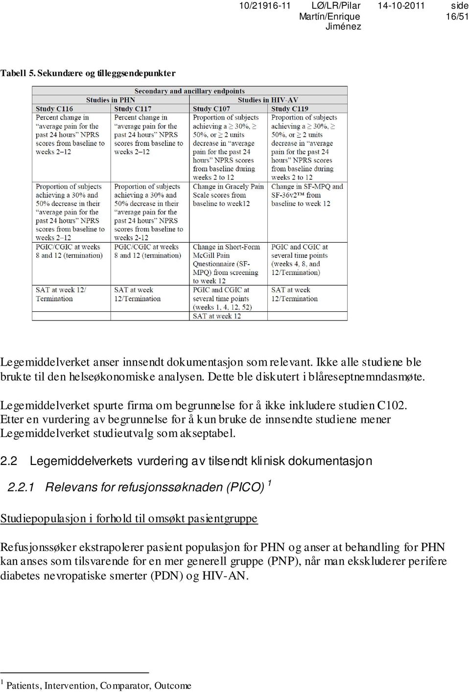 Etter en vurdering av begrunnelse for å kun bruke de innsendte studiene mener Legemiddelverket studieutvalg som akseptabel. 2.