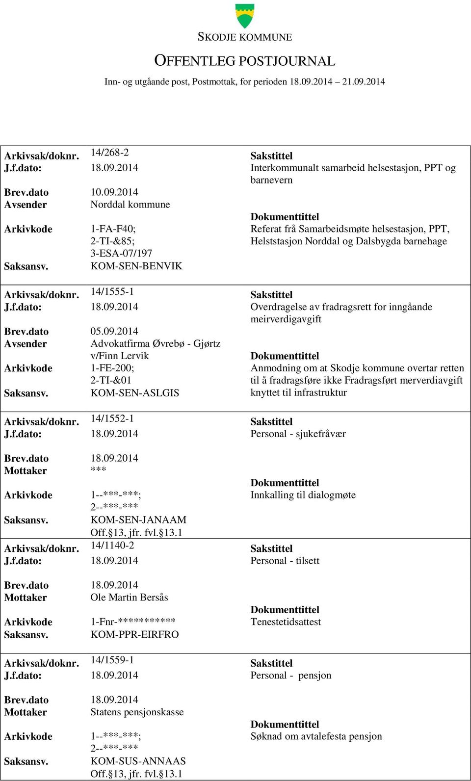 2014 Avsender Norddal kommune 1-FA-F40; 2-TI-&85; 3-ESA-07/197 KOM-SEN-BENVIK Referat frå Samarbeidsmøte helsestasjon, PPT, Helststasjon Norddal og Dalsbygda barnehage Arkivsak/doknr.