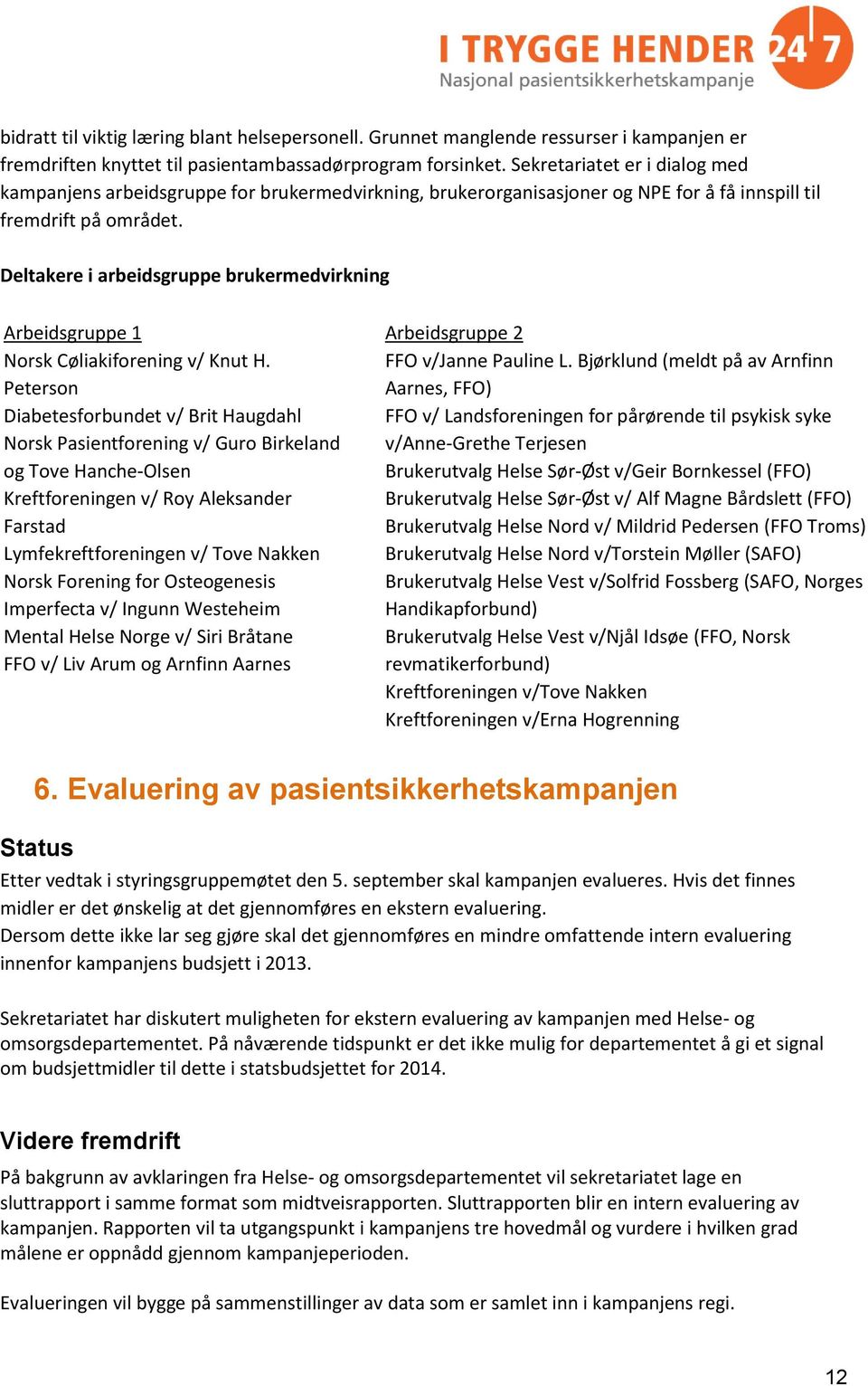 Deltakere i arbeidsgruppe brukermedvirkning Arbeidsgruppe 1 Norsk Cøliakiforening v/ Knut H.