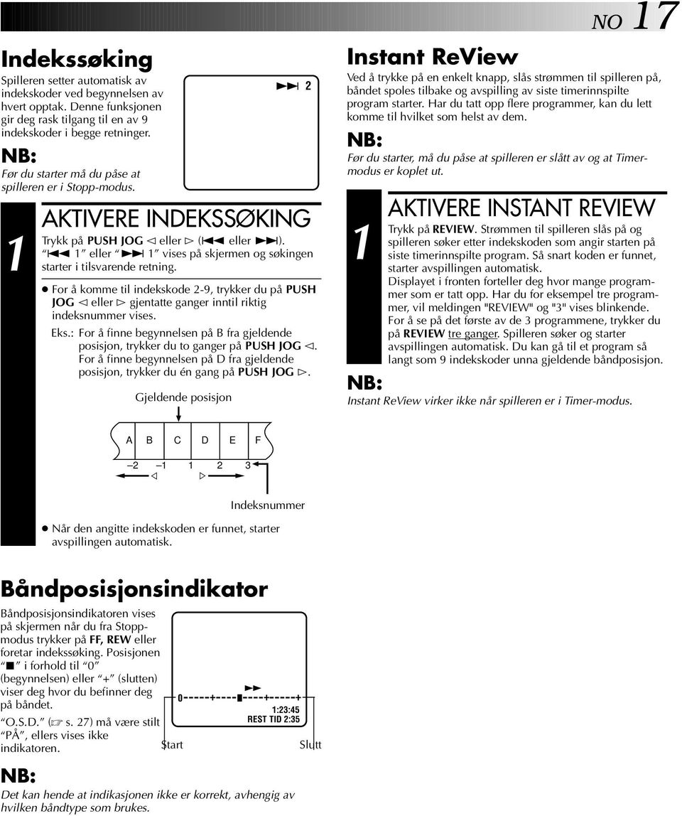 For å komme til indekskode -9, trykker du på PUSH JOG @ eller # gjentatte ganger inntil riktig indeksnummer vises. Eks.