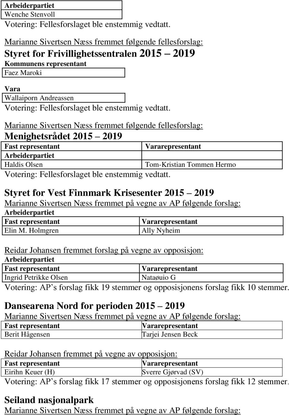 enstemmig vedtatt. Marianne Sivertsen Næss fremmet følgende fellesforslag: Menighetsrådet 2015 2019 Fast representant Haldis Olsen Votering: Fellesforslaget ble enstemmig vedtatt.