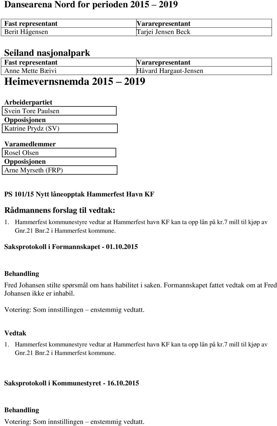 Hammerfest kommunestyre vedtar at Hammerfest havn KF kan ta opp lån på kr.7 mill til kjøp av Gnr.21 Bnr.2 i Hammerfest kommune. Saksprotokoll i Formannskapet - 01.10.