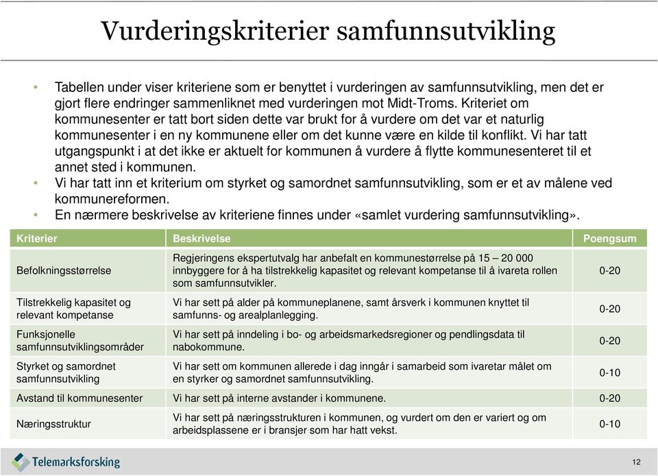 Vi har tatt utgangspunkt i at det ikke er aktuelt for kommunen å vurdere å flytte kommunesenteret til et annet sted i kommunen.