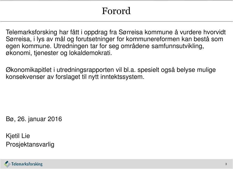 Utredningen tar for seg områdene samfunnsutvikling, økonomi, tjenester og lokaldemokrati.