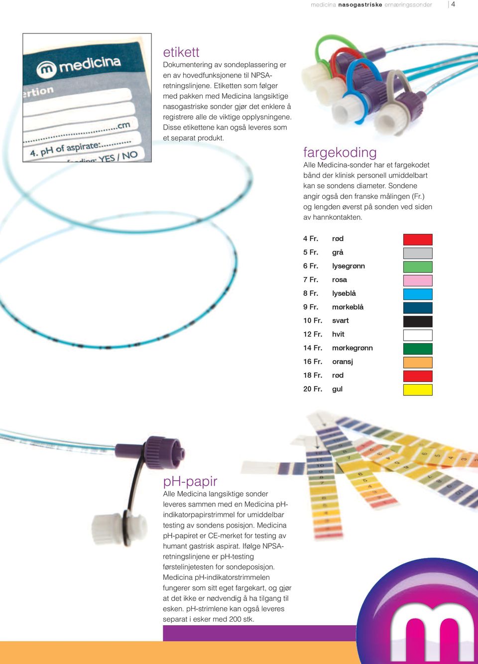 fargekoding Alle Medicina-sonder har et fargekodet bånd der klinisk personell umiddelbart kan se sondens diameter. Sondene angir også den franske målingen (Fr.