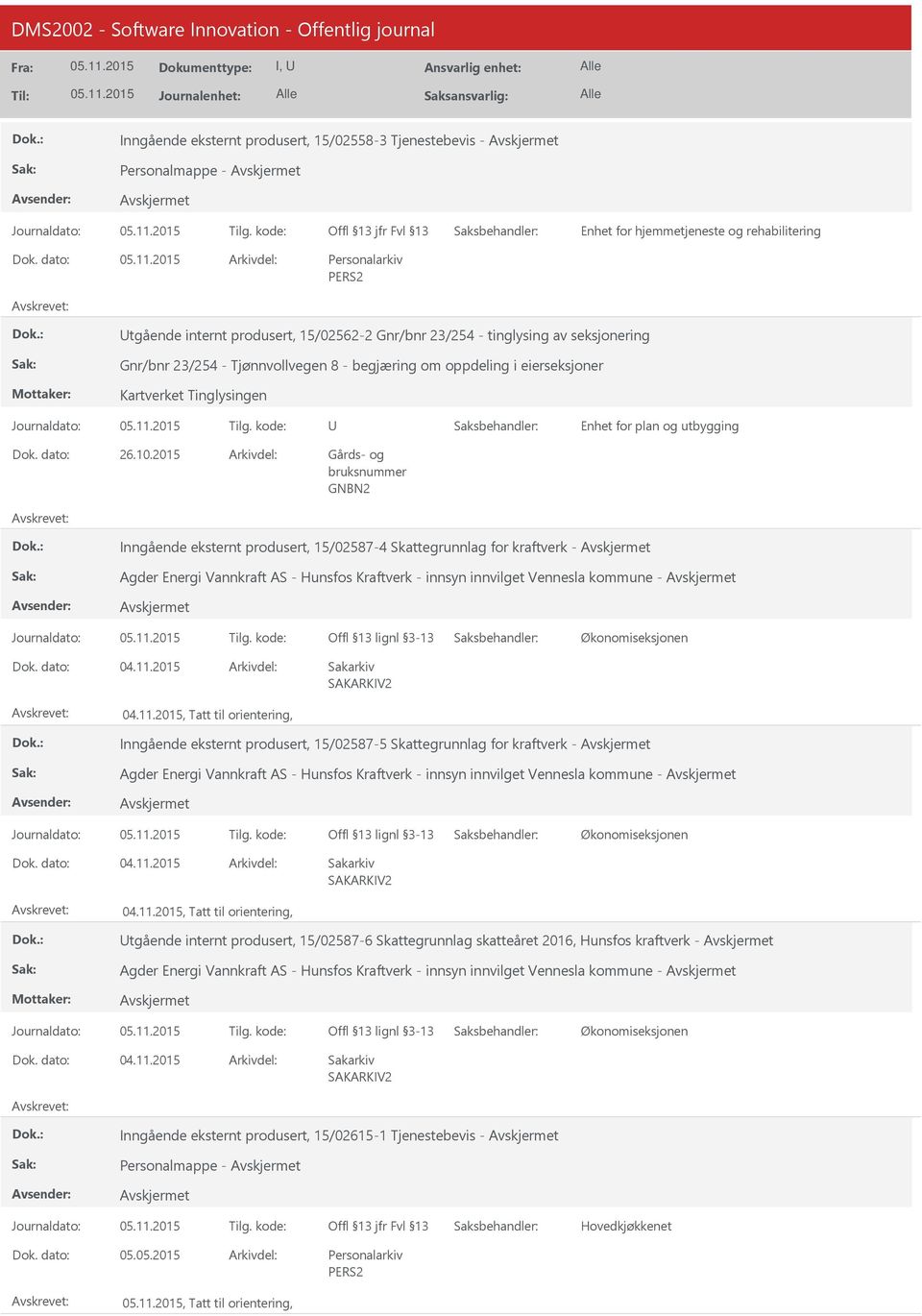 2015 Inngående eksternt produsert, 15/02587-4 Skattegrunnlag for kraftverk - Agder Energi Vannkraft AS - Hunsfos Kraftverk - innsyn innvilget Vennesla kommune - Offl 13 lignl 3-13 Økonomiseksjonen,