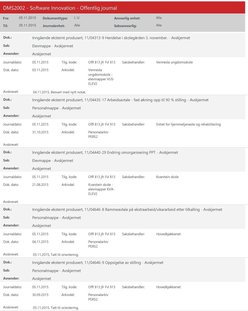 2015 Vennesla ungdomsskole - elevmapper VS-, Besvart med nytt notat, Inngående eksternt produsert, 11/04435-17 Arbeidsavtale - fast økning opp til 90 % stilling - Personalmappe - 31.10.