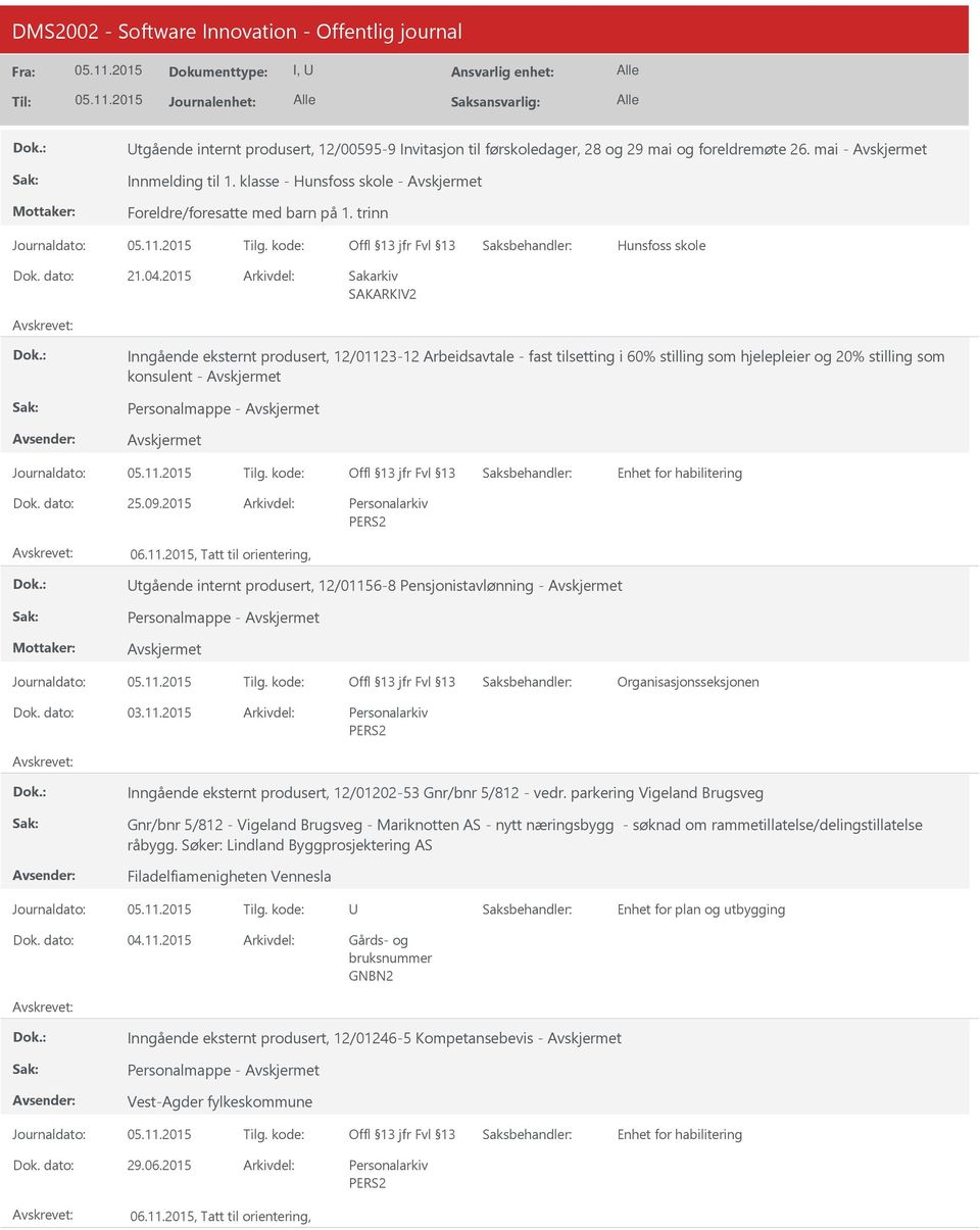 2015 tgående internt produsert, 12/01156-8 Pensjonistavlønning - Personalmappe - 03.11.2015 Inngående eksternt produsert, 12/01202-53 Gnr/bnr 5/812 - vedr.