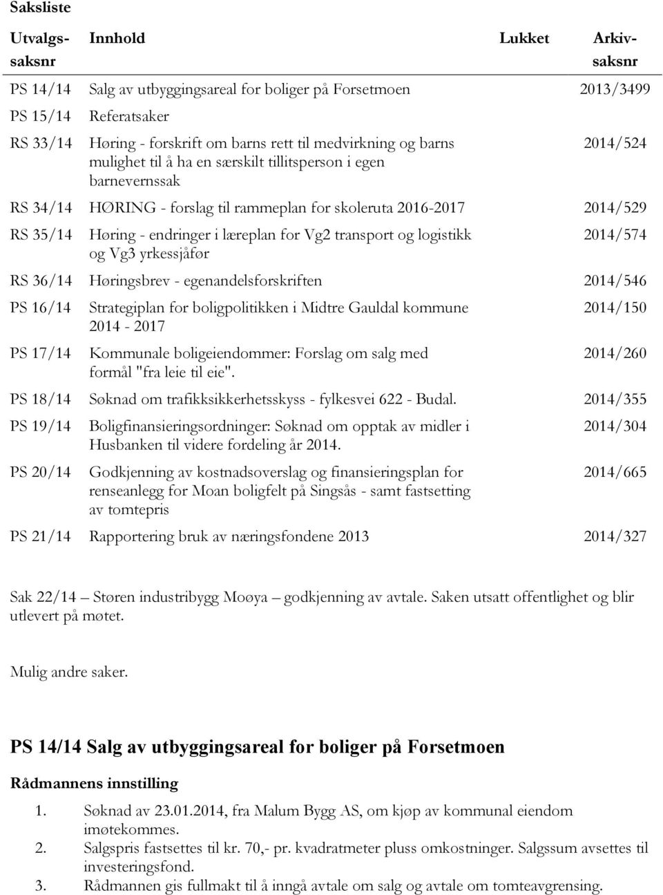 Vg2 transport og logistikk og Vg3 yrkessjåfør 2014/574 RS 36/14 Høringsbrev - egenandelsforskriften 2014/546 PS 16/14 PS 17/14 Strategiplan for boligpolitikken i Midtre Gauldal kommune 2014-2017