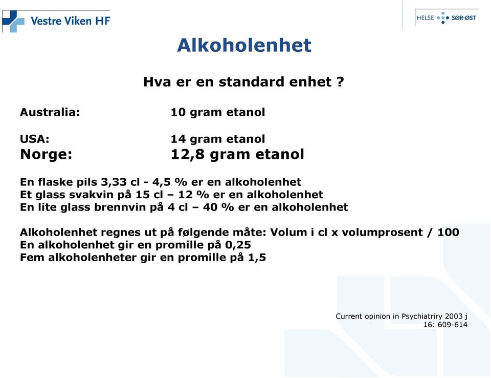 alkoholenhet Et glass svakvin på 15 cl 12 % er en alkoholenhet En lite glass brennvin på 4 cl 40 % er en