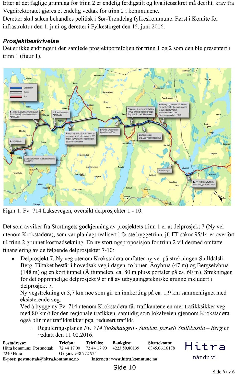 Prosjektbeskrivelse Det er ikke endringer i den samlede prosjektporteføljen for trinn 1 og 2 som den ble presentert i trinn 1 (figur 1). Figur 1. Fv. 714 Laksevegen, oversikt delprosjekter 1-10.