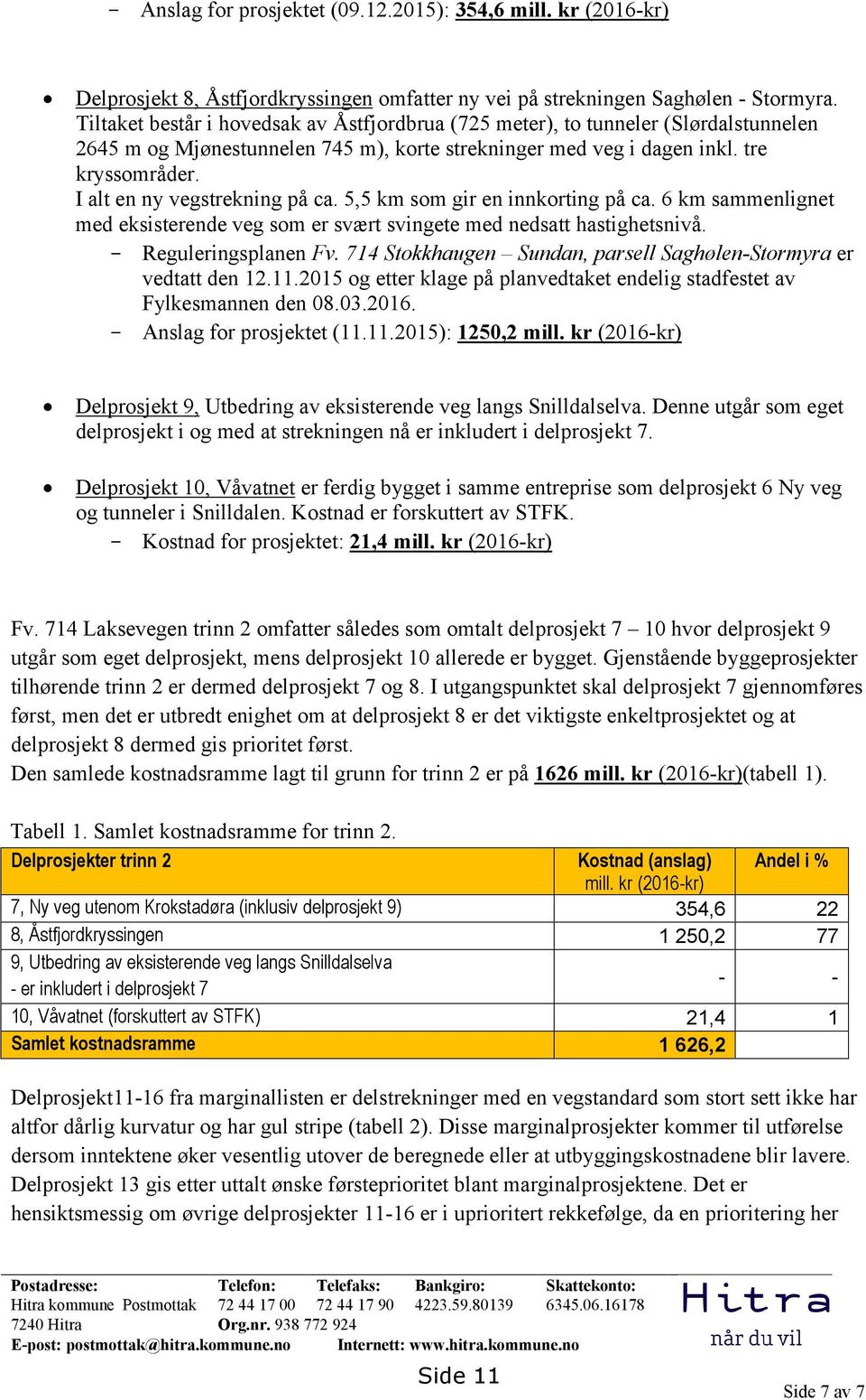 I alt en ny vegstrekning på ca. 5,5 km som gir en innkorting på ca. 6 km sammenlignet med eksisterende veg som er svært svingete med nedsatt hastighetsnivå. - Reguleringsplanen Fv.