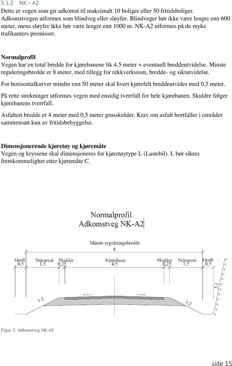 Normalprofil Vegen har en total bredde for kjørebanene lik 4,5 meter + eventuell breddeutvidelse. Minste reguleringsbredde er 8 meter, med tillegg for rekkverksrom, bredde- og siktutvidelse.