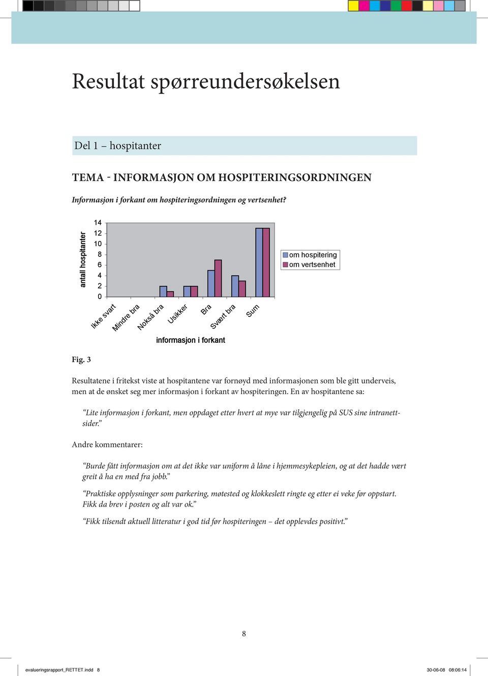 antall hospitanter 1 1 om hospitering om vertsenhet Ikke svart Mindre Nokså Usikker Bra Svært Sum informasjon i forkant Fig.