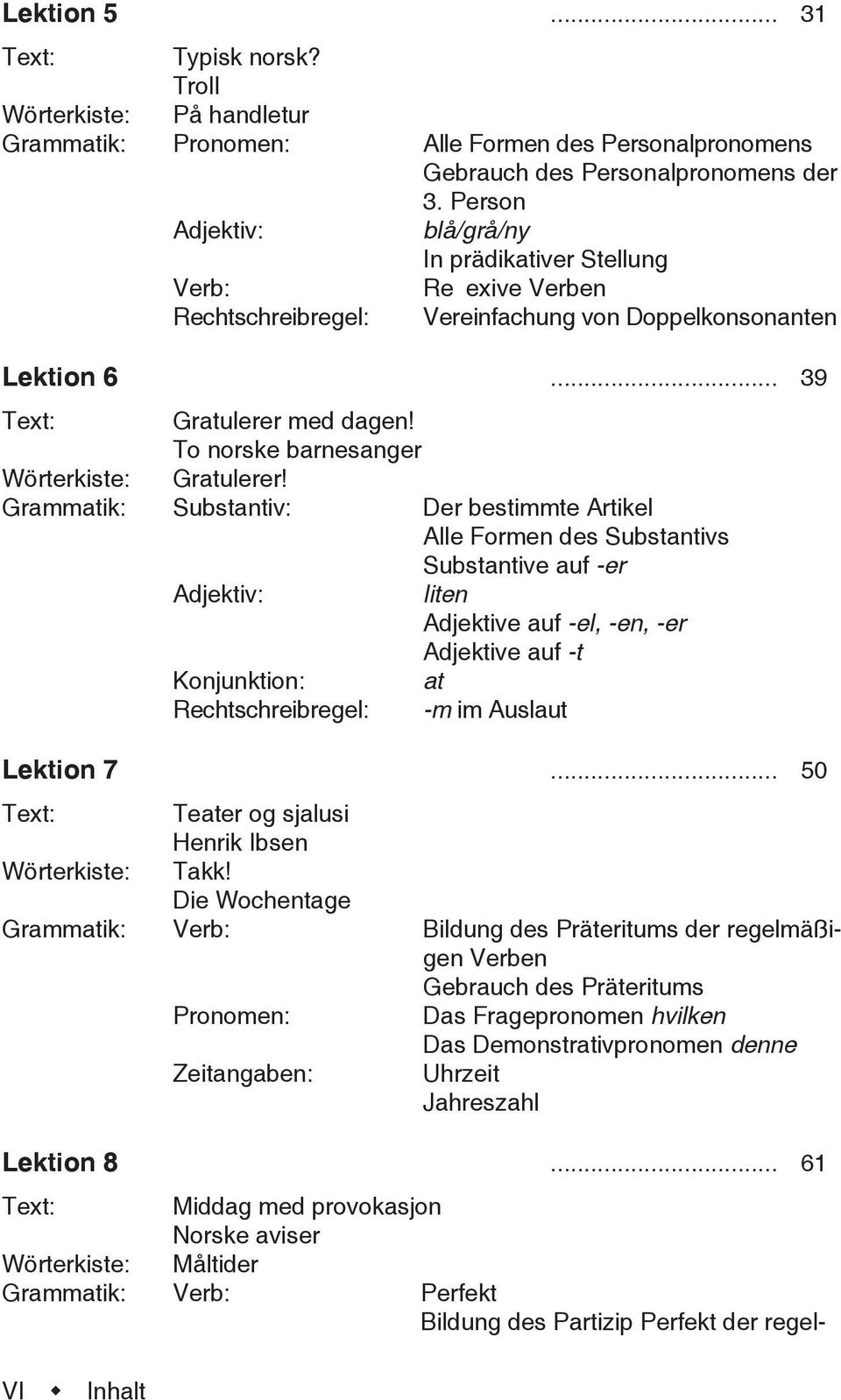 Der bestimmte Artikel Alle Formen des Substantivs Substantive auf -er liten Adjektive auf -el, -en, -er Adjektive auf -t Konjunktion: at Rechtschreibregel: -m im Auslaut Lektion 7.