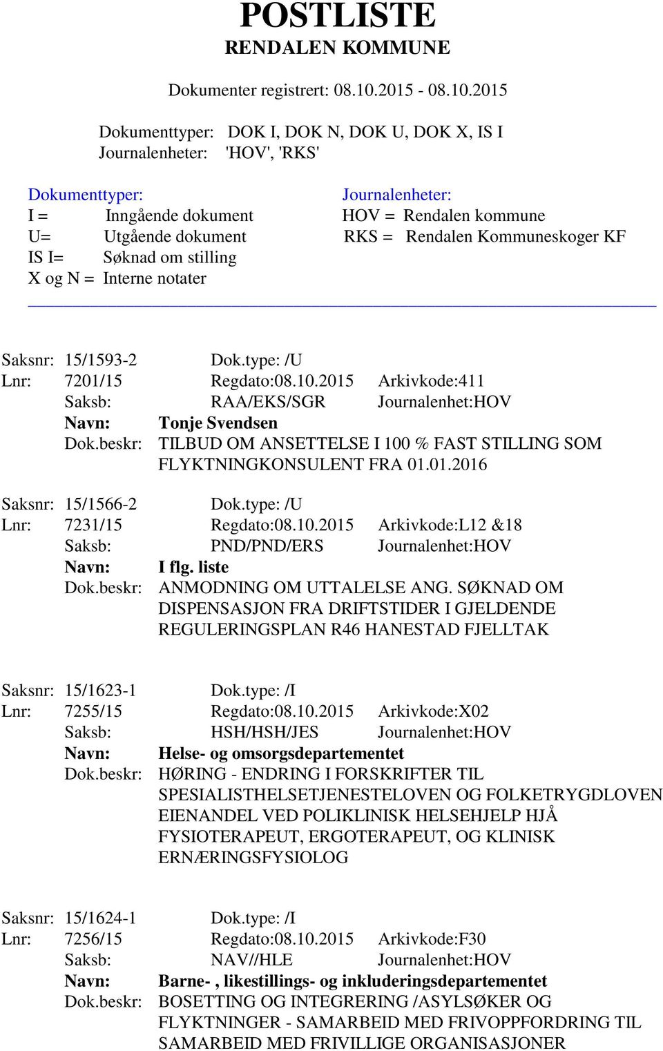 liste Dok.beskr: ANMODNING OM UTTALELSE ANG. SØKNAD OM DISPENSASJON FRA DRIFTSTIDER I GJELDENDE REGULERINGSPLAN R46 HANESTAD FJELLTAK Saksnr: 15/1623-1 Dok.type: /I Lnr: 7255/15 Regdato:08.10.