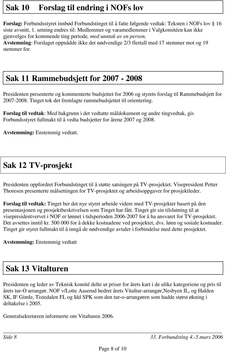 Avstemning: Forslaget oppnådde ikke det nødvendige 2/3 flertall med 17 stemmer mot og 19 stemmer for.