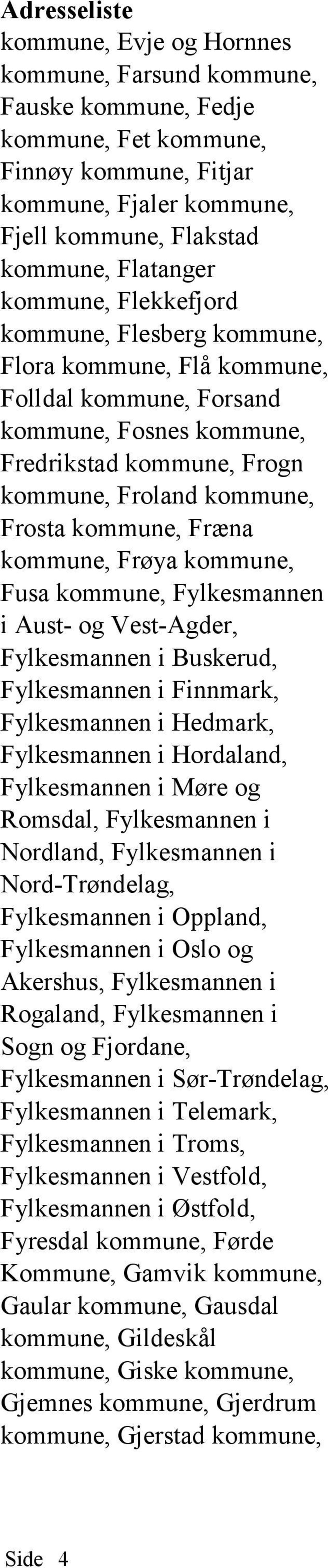 kommune, Frøya kommune, Fusa kommune, Fylkesmannen i Aust- og Vest-Agder, Fylkesmannen i Buskerud, Fylkesmannen i Finnmark, Fylkesmannen i Hedmark, Fylkesmannen i Hordaland, Fylkesmannen i Møre og