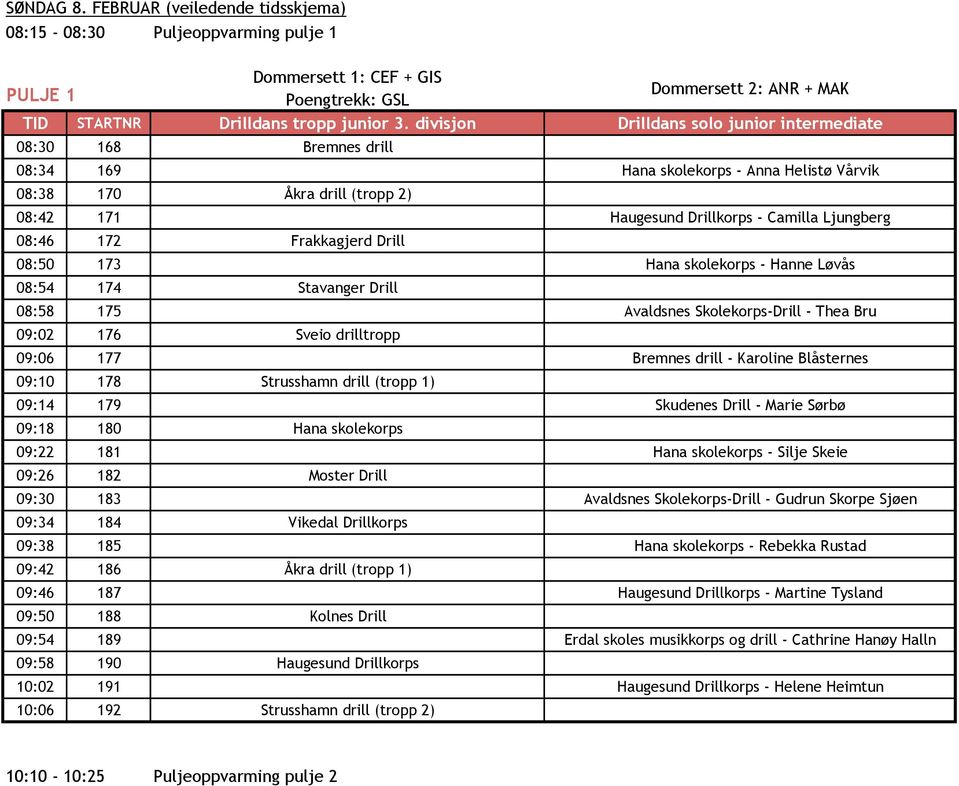 08:46 172 Frakkagjerd Drill 08:50 173 Hana skolekorps - Hanne Løvås 08:54 174 Stavanger Drill 08:58 175 Avaldsnes Skolekorps-Drill - Thea Bru 09:02 176 Sveio drilltropp 09:06 177 Bremnes drill -